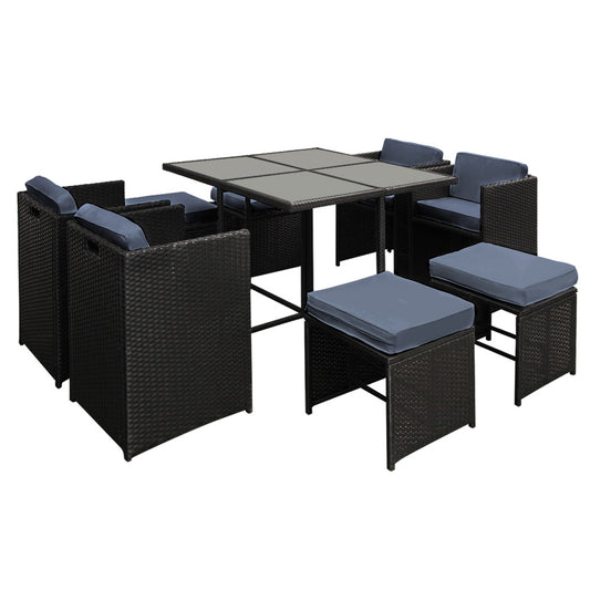 Corbridge 8-Seater Wicker 9-Piece Outdoor Dining Set - Black & Grey