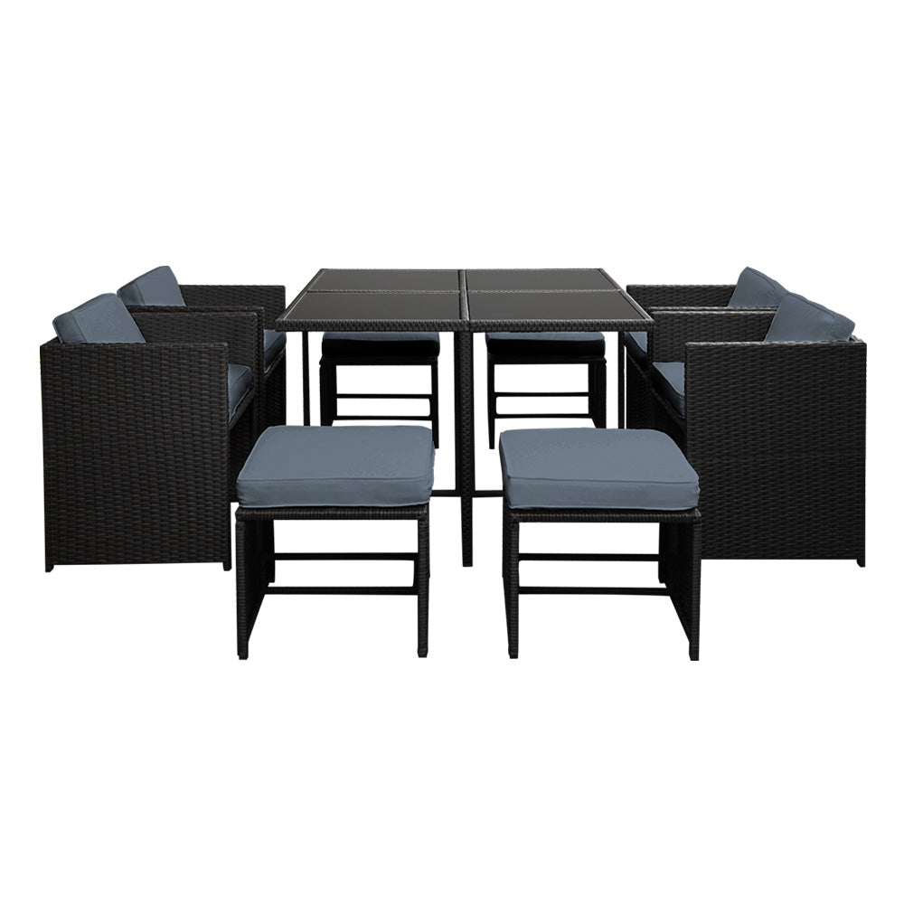 Corbridge 8-Seater Wicker 9-Piece Outdoor Dining Set - Black & Grey