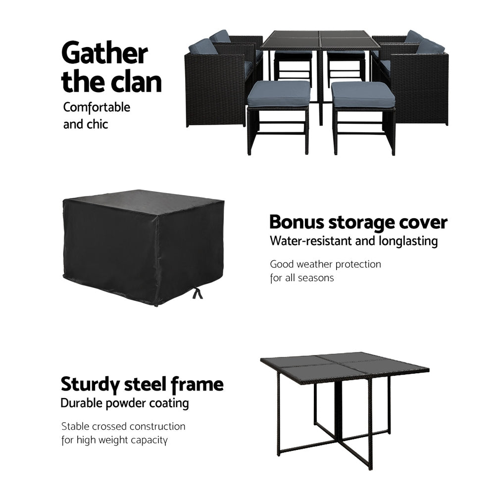 Corbridge 8-Seater Wicker 9-Piece Outdoor Dining Set - Black