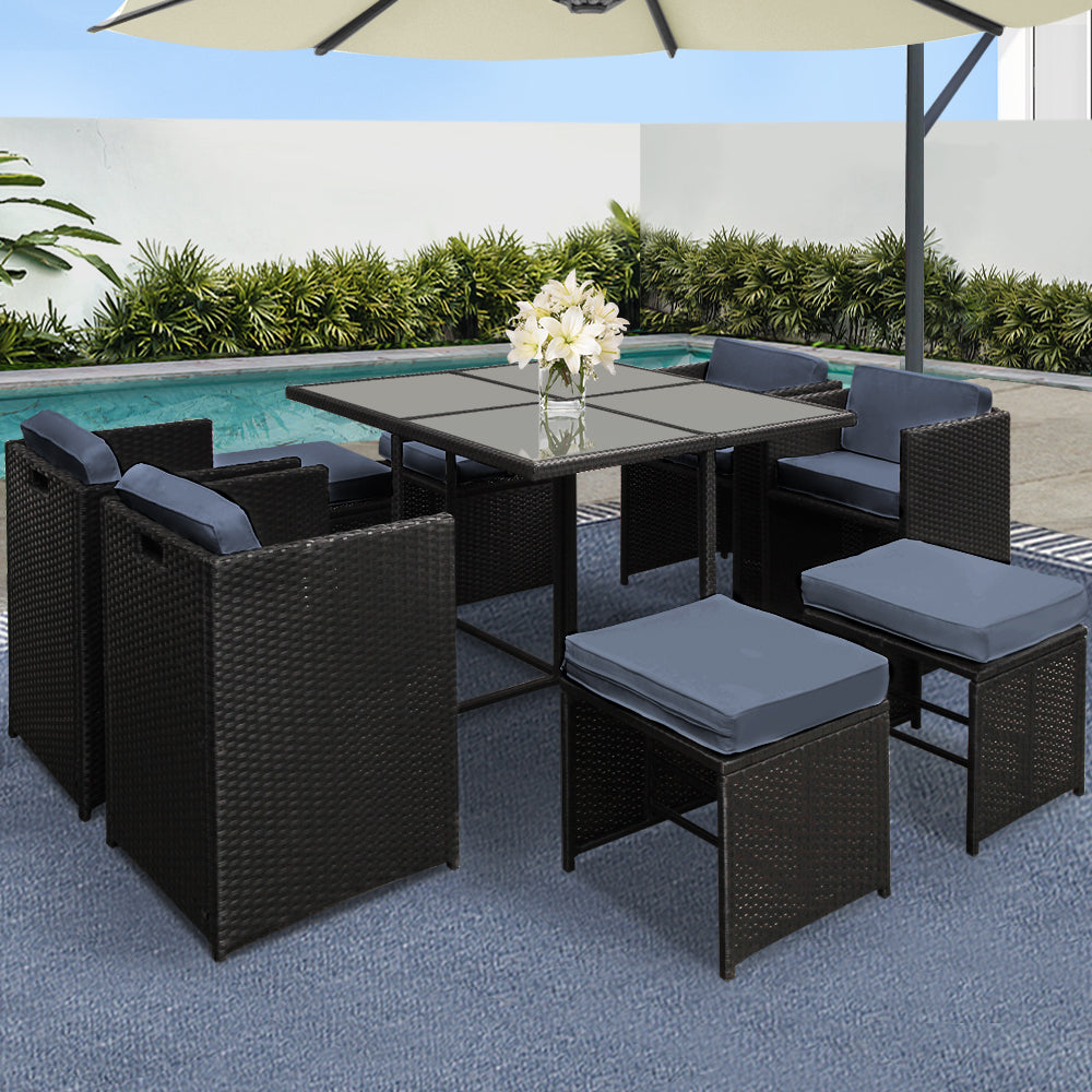 Corbridge 8-Seater Wicker 9-Piece Outdoor Dining Set - Black & Grey