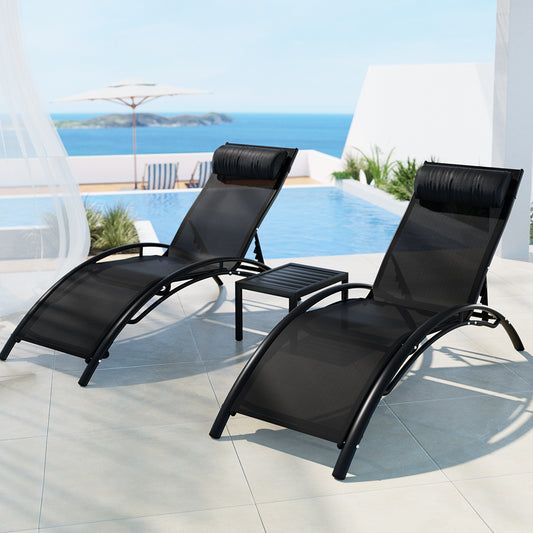Graysen 3 Piece Sun Lounger Chaise Lounge Chair Table Patio Outdoor Setting Furniture - Black