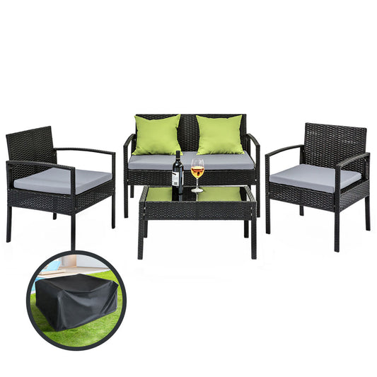 Dover 4-Seater Lounge Setting Garden Patio Wicker Cover Table Chairs 4-Piece Outdoor Furniture with Storage Cover - Black