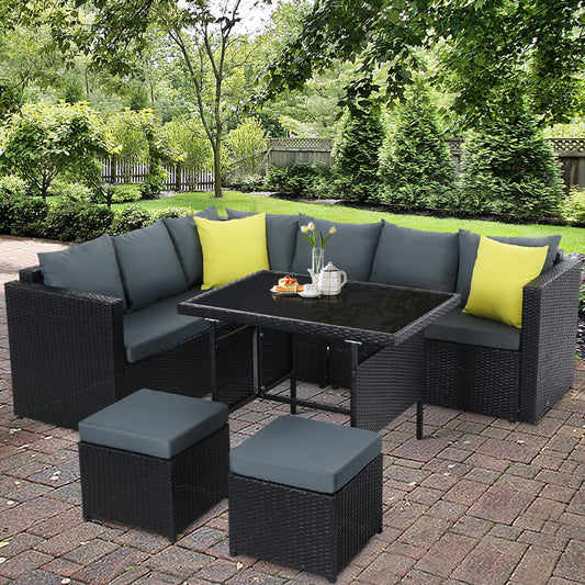 Alnwick 5-Seater Furniture Patio Set Table Chair Lounge Wicker Garden 6-Piece Outdoor Sofa - Black