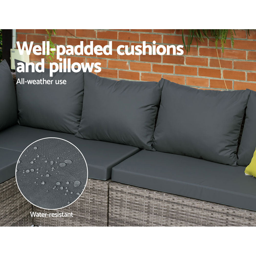 Alnwick 5-Seater Furniture Patio Set Table Chair Lounge Garden Wicker 6-Piece Outdoor Sofa - Grey