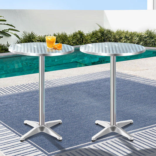 Marco Set of 2 Outdoor Bar Table Furniture Adjustable Aluminium Cafe Table Round - Silver