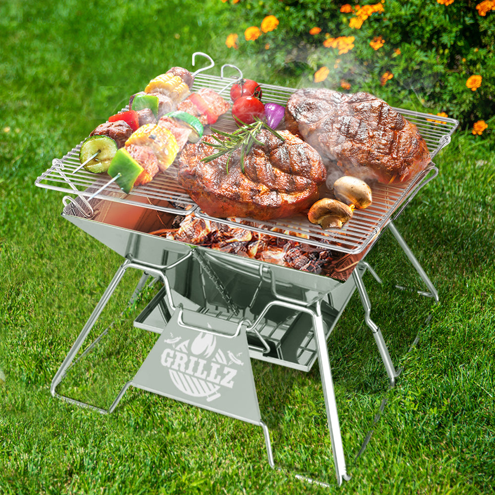 Camping Fire Pit BBQ 2-in-1 Grill Smoker Outdoor Portable Stainless Steel