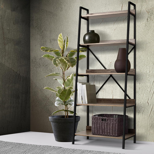 Bookshelf 5Tier Metal Bookcase Bookshelves Oak Book Shelf Display Storage