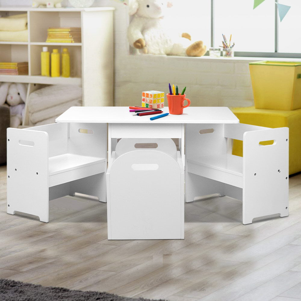 Perline 3-Piece Kids Table & Chairs Set Multi-function and Chair Hidden Storage Box Toy Activity Desk - White