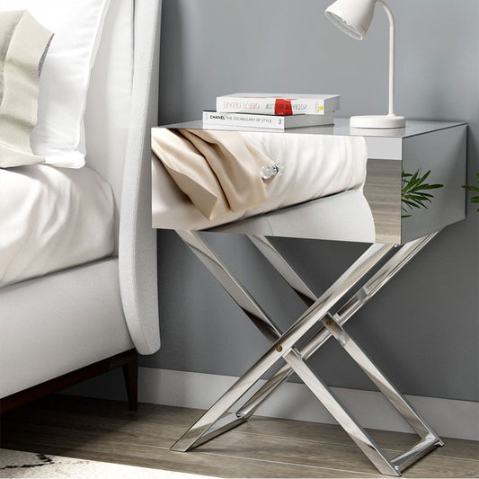 Surrey Mirrored Bedside Tables Side End Table Drawers Nightstand Bedroom - Silver