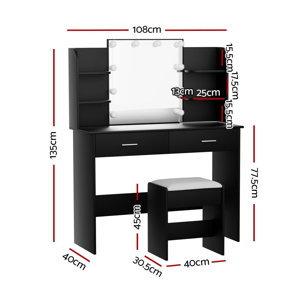 Dressing Table LED Makeup Mirror Stool Set 10 Bulbs Vanity Desk Black