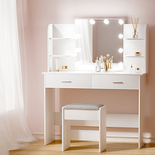 Dressing Table LED Makeup Mirror Stool Set 10 Bulbs Vanity Desk White