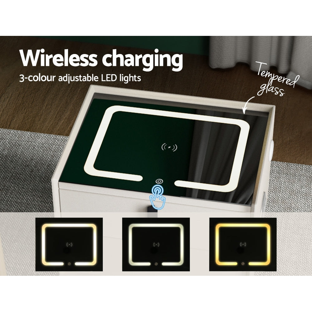 Brooks LED Bedside Tables Smart with Wireless Charging Ports with 2 Drawers - White