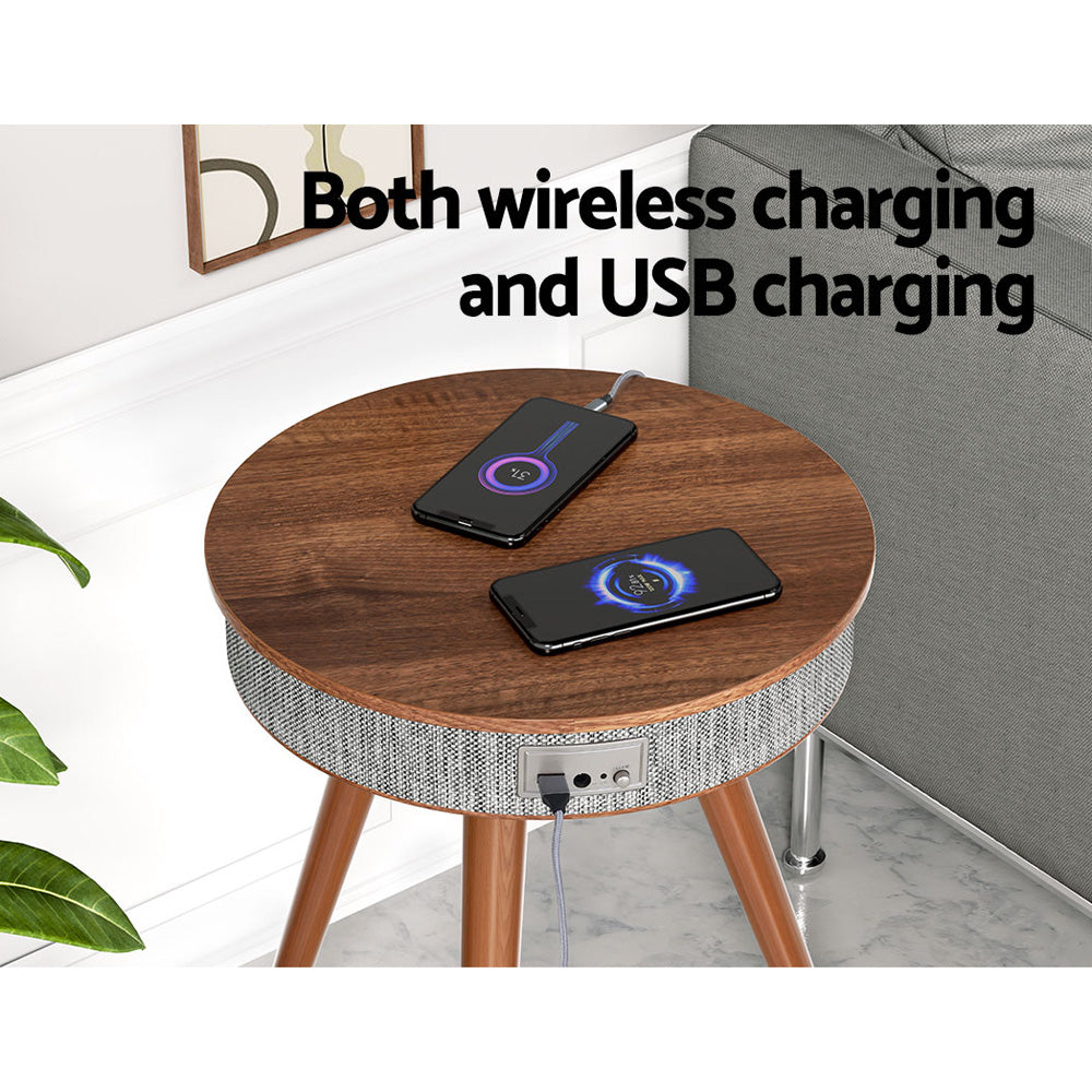 Illyrios Side End Table Smart Wireless Charging Bluetooth Speaker - Wood