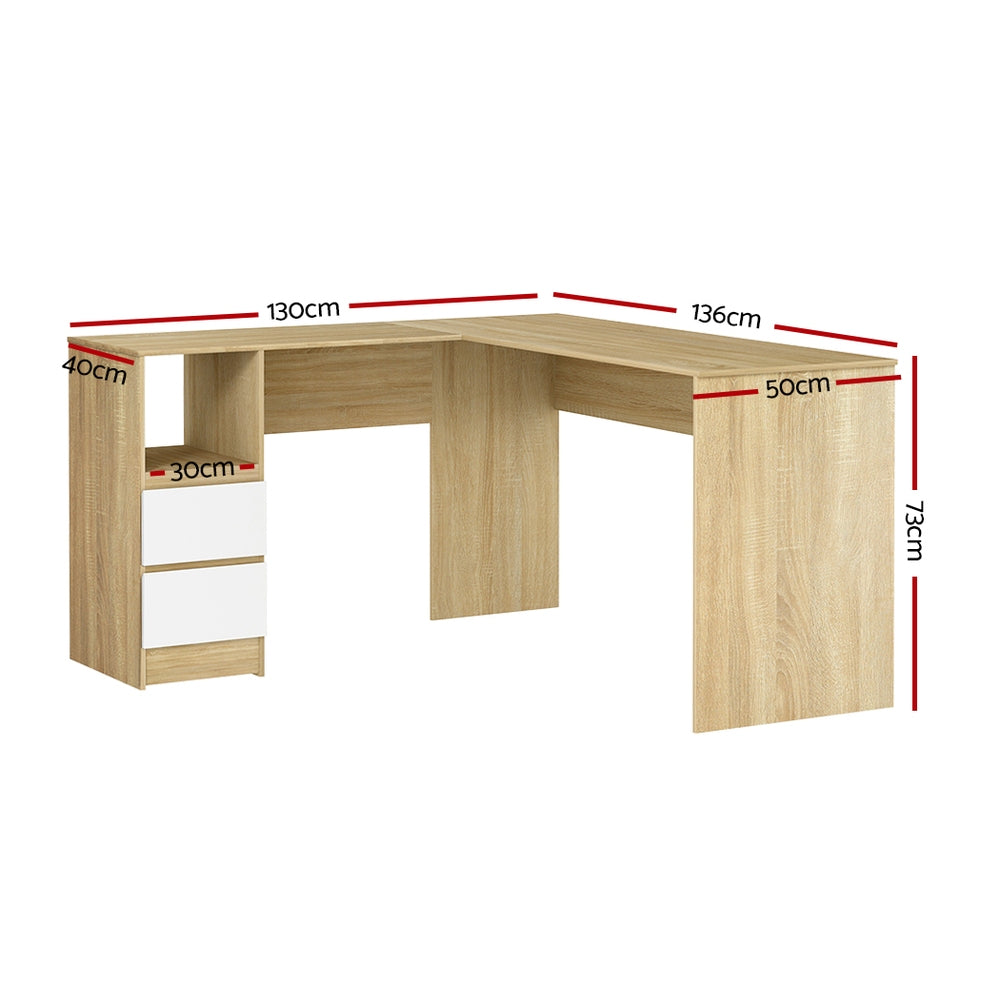 Artiss Computer Desk Drawer Cabinet L-Shape Oak 136cm