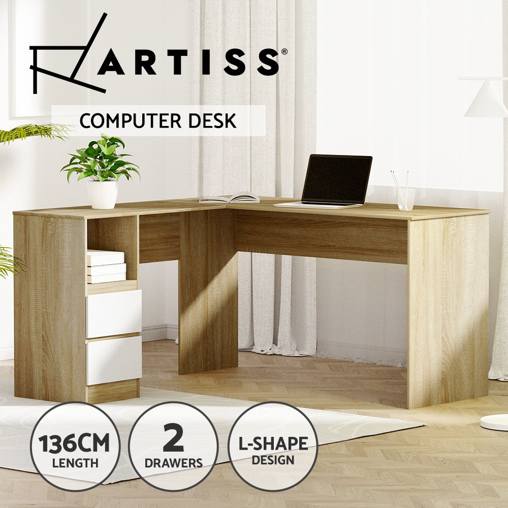 136cm Computer Desk Drawer Cabinet L-Shape - Oak