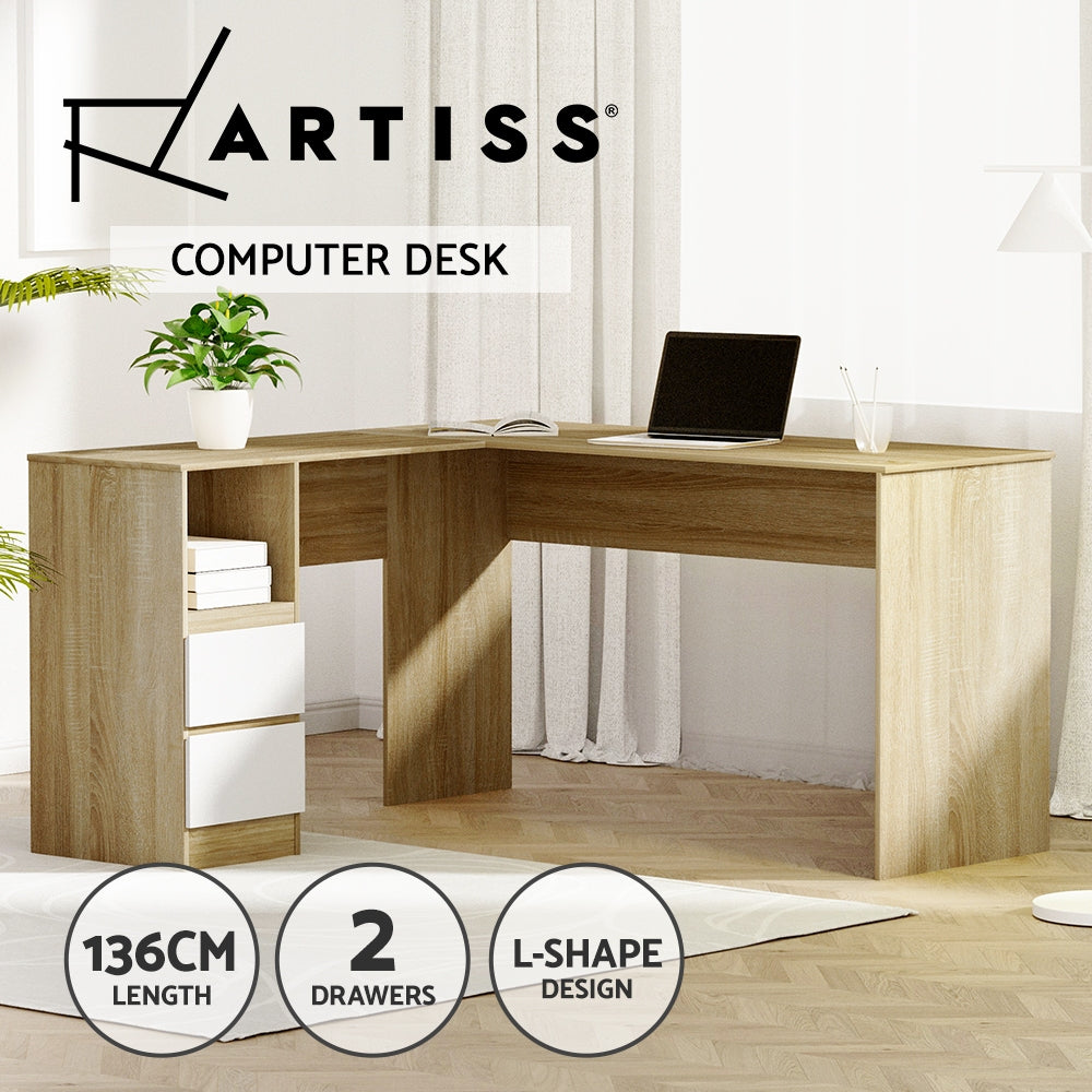 Artiss Computer Desk Drawer Cabinet L-Shape Oak 136cm