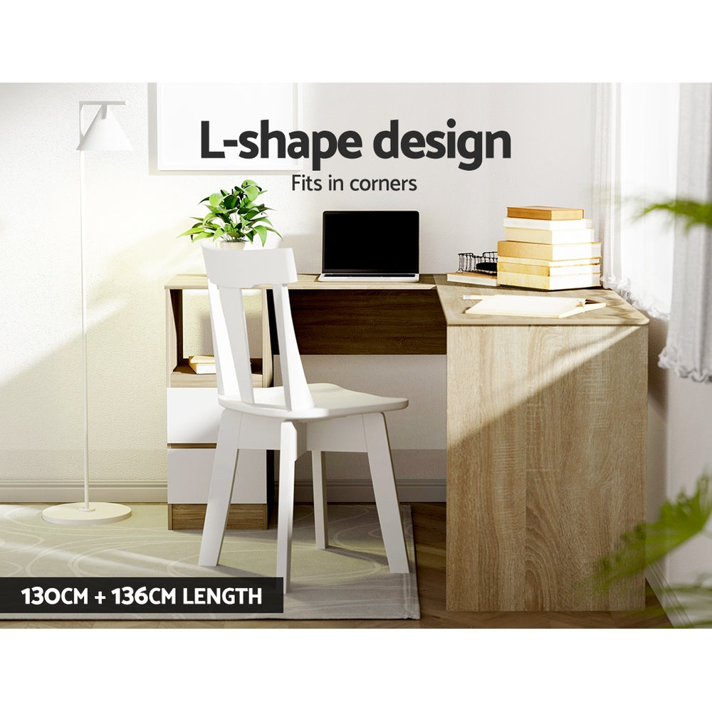 Artiss Computer Desk Drawer Cabinet L-Shape Oak 136cm