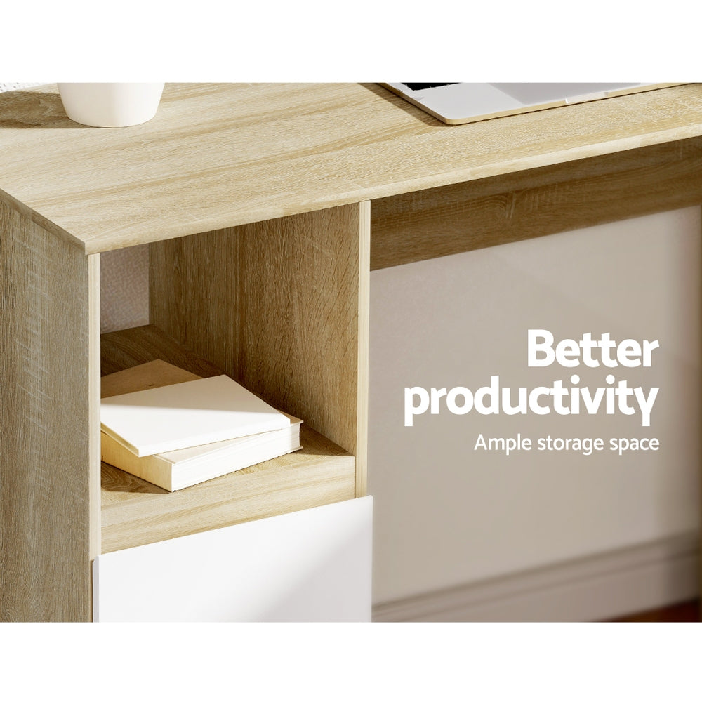 Artiss Computer Desk Drawer Cabinet L-Shape Oak 136cm
