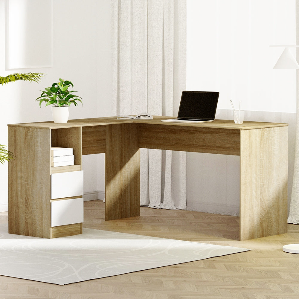 Artiss Computer Desk Drawer Cabinet L-Shape Oak 136cm