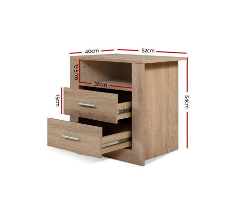 Barrie Wooden Bedside Tables Storage Cabinet Shelf Side End Table Oak with 2 Drawers - Oak