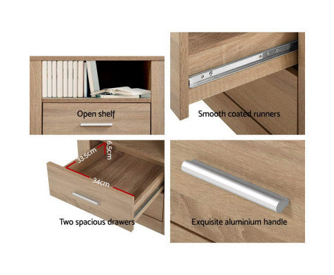 Barrie Wooden Bedside Tables Storage Cabinet Shelf Side End Table Oak with 2 Drawers - Oak