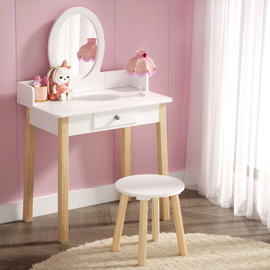 Kids Dressing Table Chair Set Wooden Leg Vanity Makeup Drawer Mirror