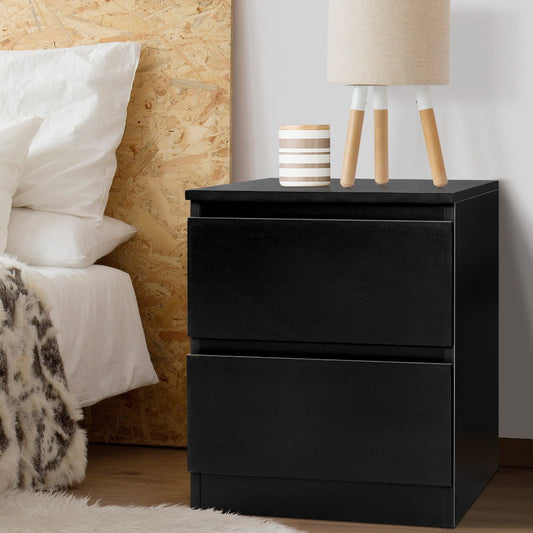 Kenora Wooden Bedside Tables Side Table Bedroom Furniture Nightstand Lamp with 2 Drawers - Black