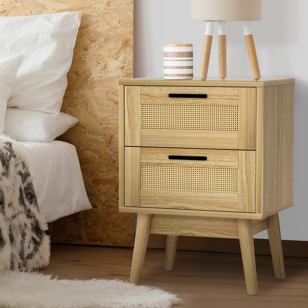 Simcoe Wood Rattan Bedside Tables Rattan Side Table Nightstand Storage Cabinet with 2 Drawers - Wood