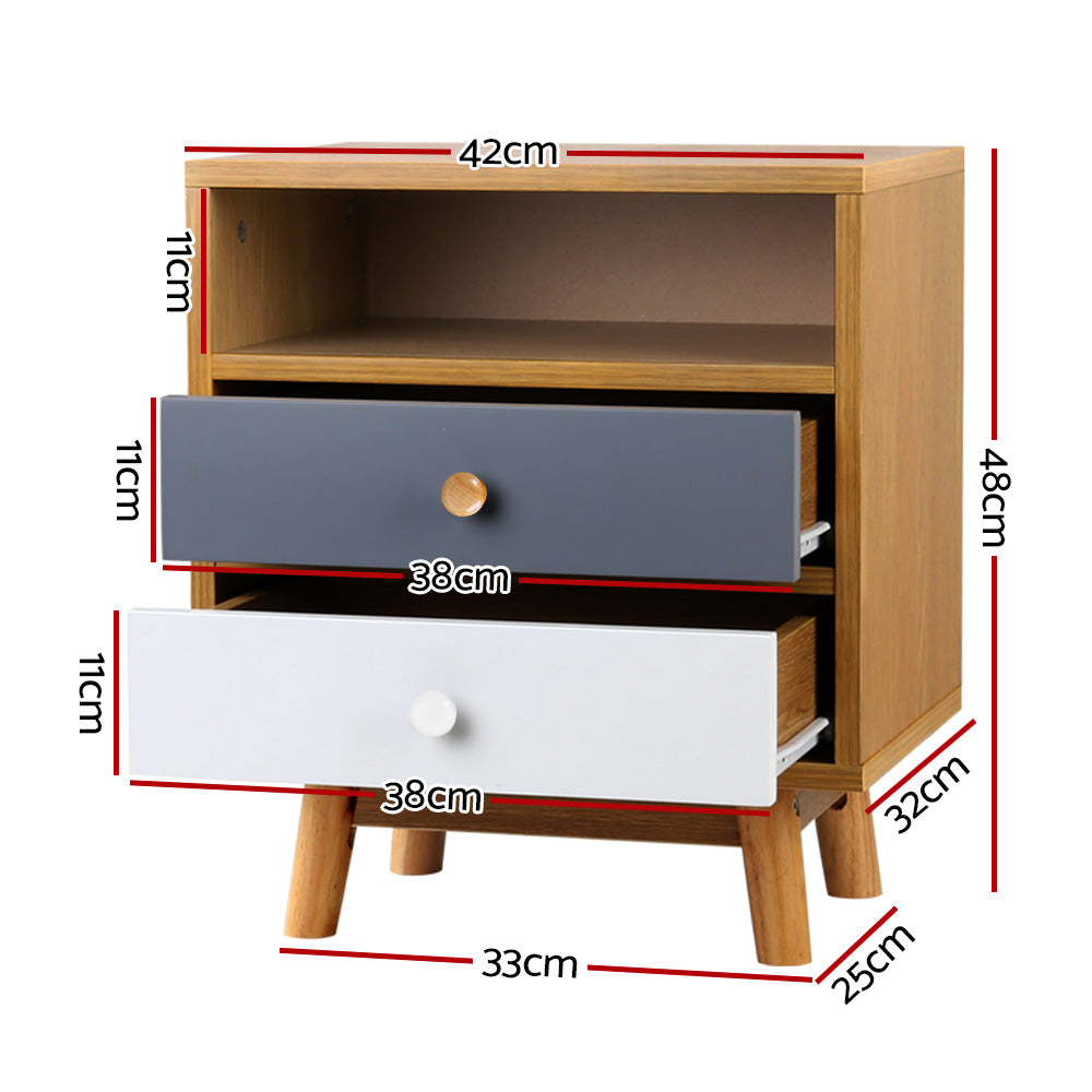 Sudbury Wooden Veneer Bedside Tables with 2 Drawers - Wood, White & Grey