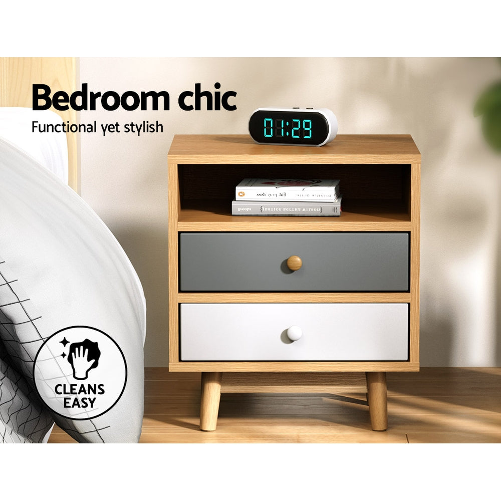 Sudbury Wooden Veneer Bedside Tables with 2 Drawers - Wood, White & Grey