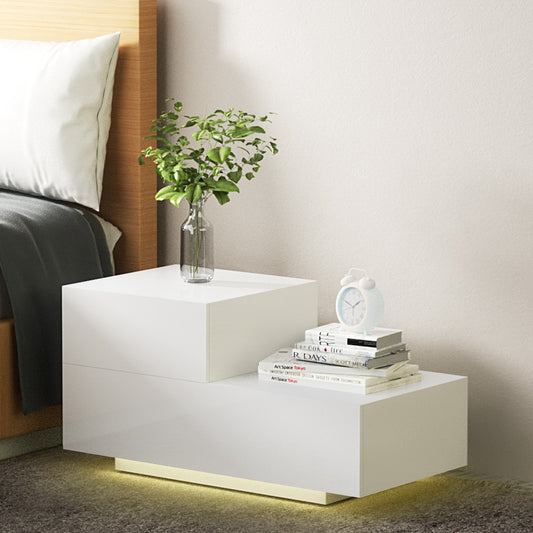 Gatineu LED High Gloss Bedside Tables Side Table RGB LED High Gloss Nightstand with 2 Drawers - White