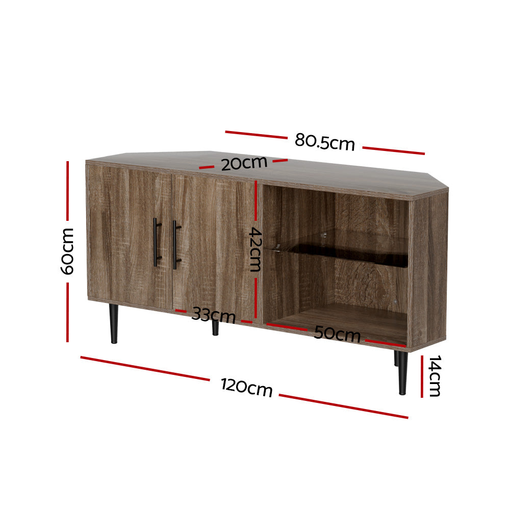 Harriet 120cm Corner Entertainment Unit Stand TV Cabinet Open Storage Shelf - Brown