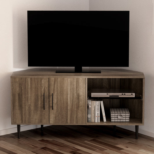 Harriet 120cm Corner Entertainment Unit Stand TV Cabinet Open Storage Shelf - Brown