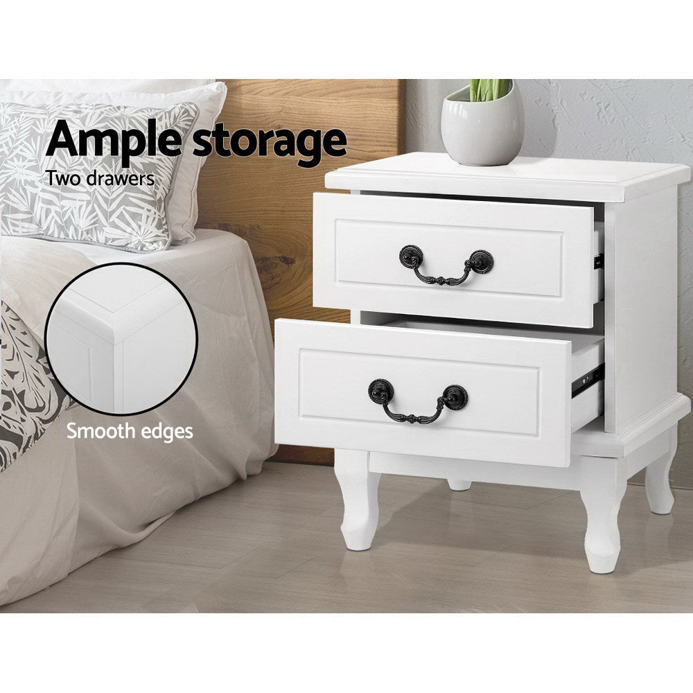 Sherbrooke Wooden Bedside Tables Side Table French Nightstand Storage Cabinet with 2 Drawers - White