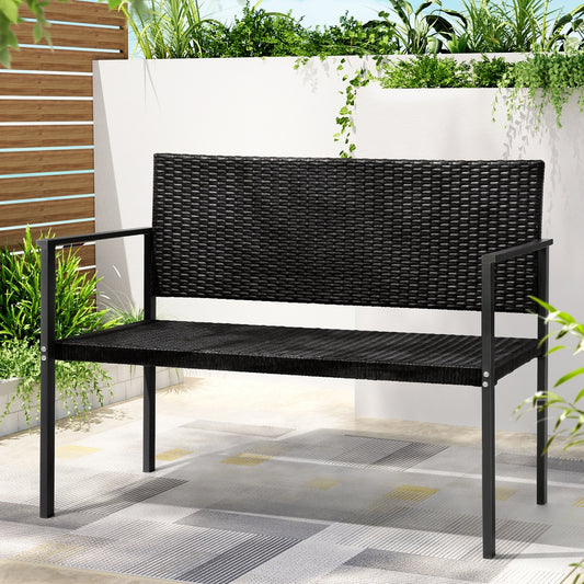 Fritz 2-Seater Outdoor Garden Bench Seat Rattan Chair Steel Patio Furniture Park - Black