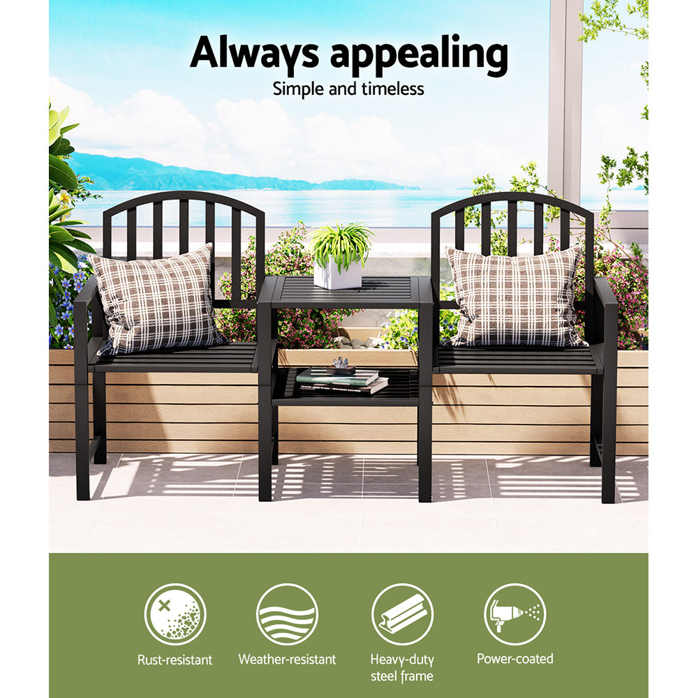 Lincoln Outdoor Garden Bench Steel Table and chair Patio Furniture Loveseat Park - Black