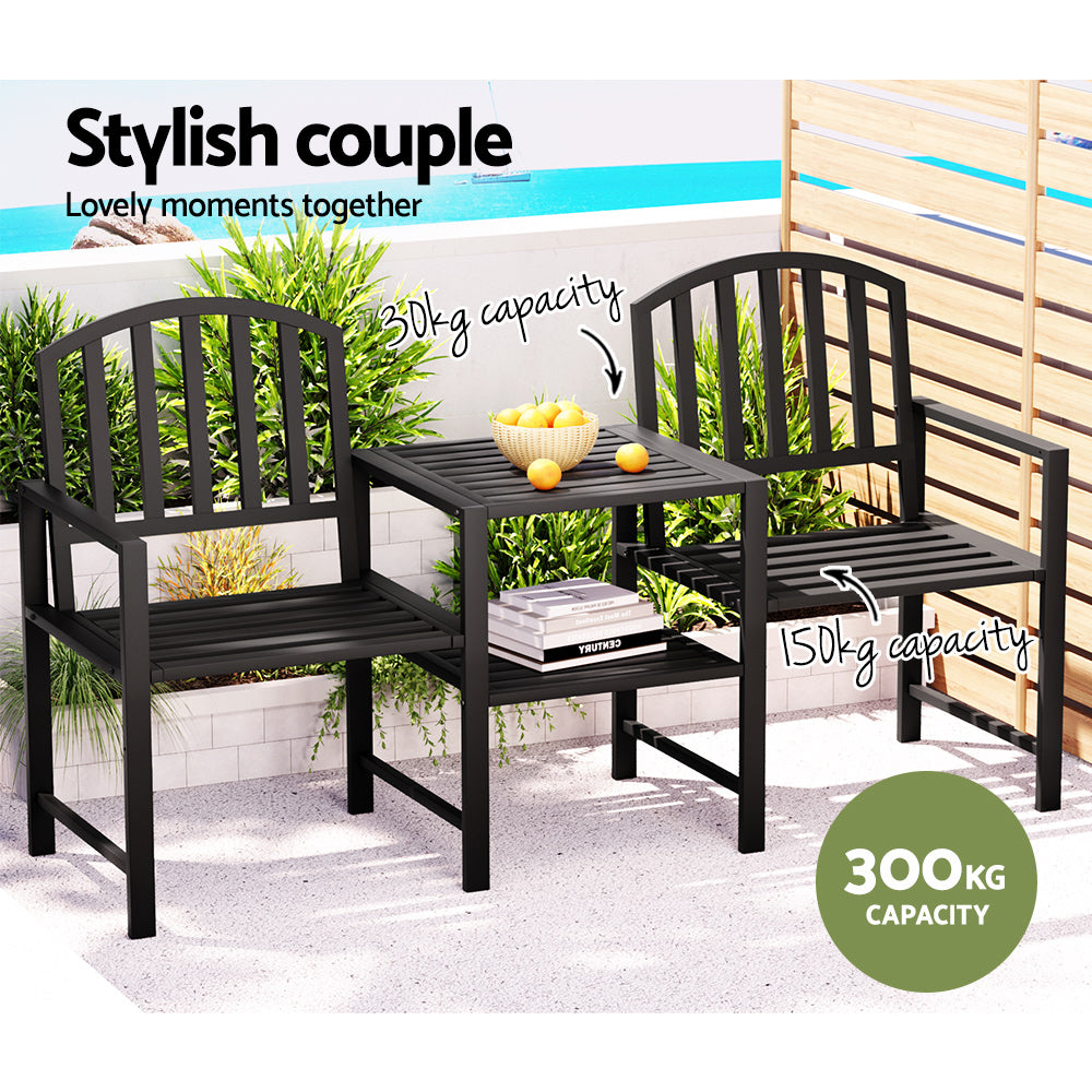 Lincoln Outdoor Garden Bench Steel Table and chair Patio Furniture Loveseat Park - Black