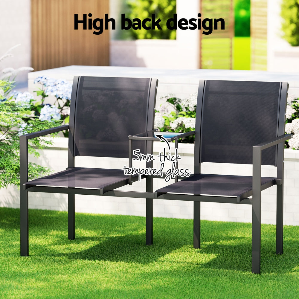 Zeke 2-Seater Outdoor Garden Bench Seat Chair Table Loveseat Patio Furniture Park - Black