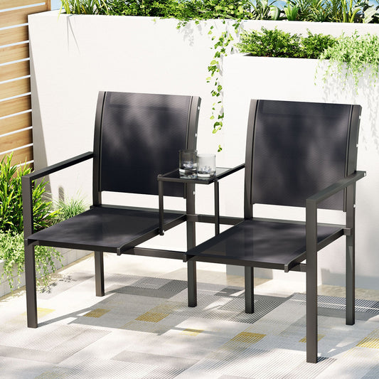 Zeke 2-Seater Outdoor Garden Bench Seat Chair Table Loveseat Patio Furniture Park - Black