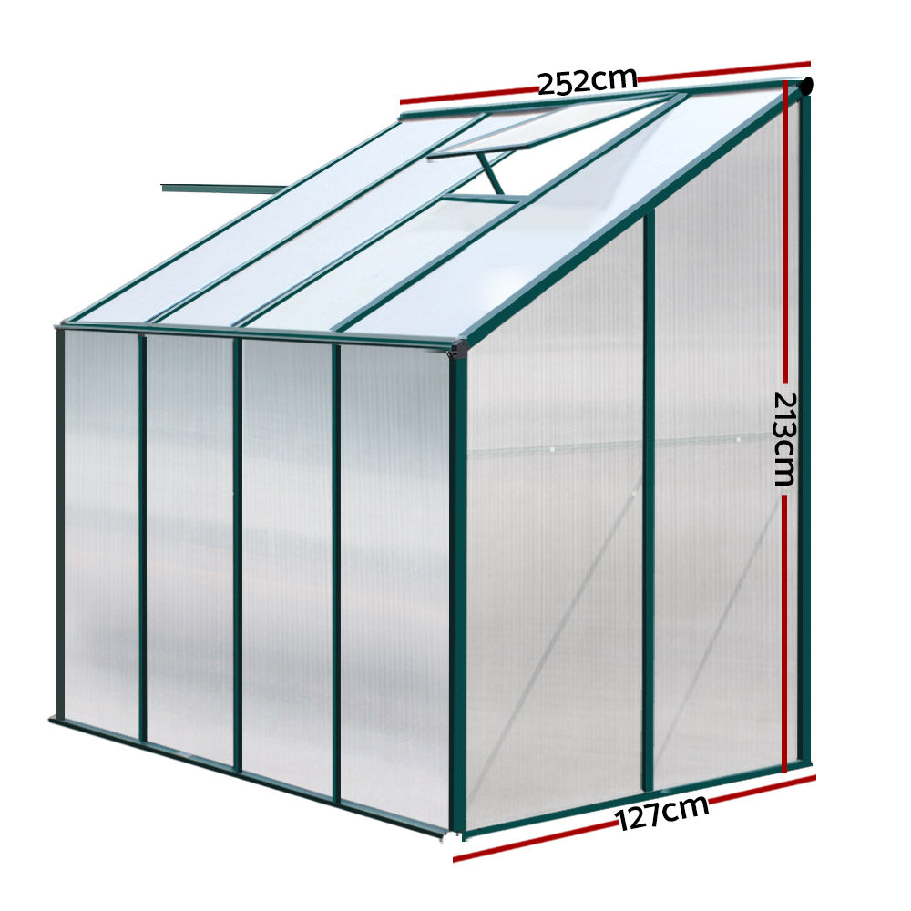Greenhouse 2.52x1.27x2.13M Lean-to Aluminium Polycarbonate Green House Garden Shed