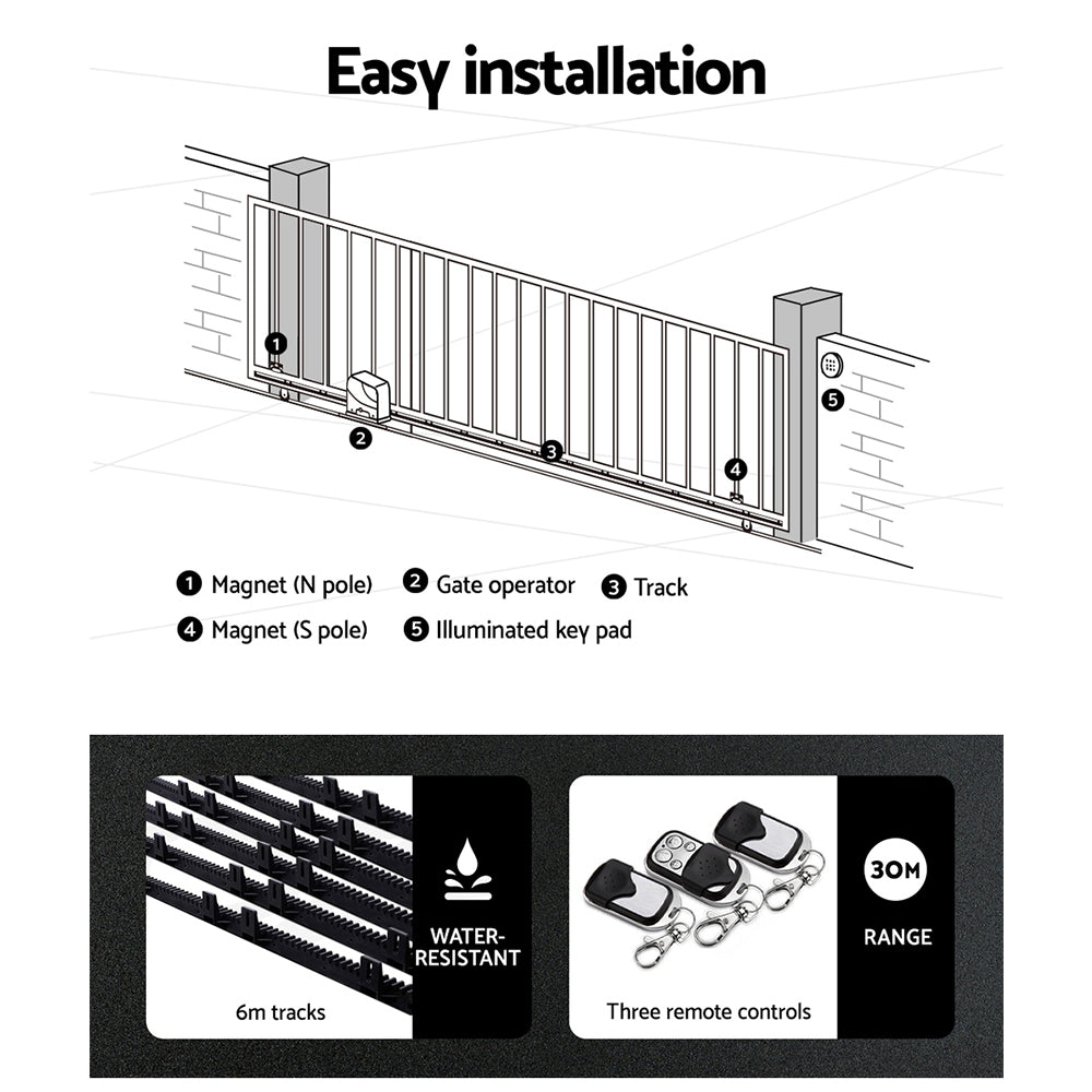 Automatic Sliding Gate Opener Kit 10W Solar Panel Electric 6M 600kg