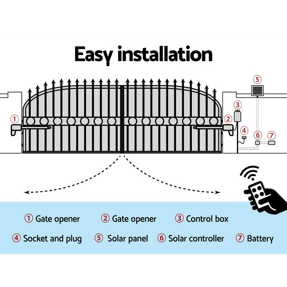 Swing Gate Opener Auto Solar Power Electric Kit Remote Control 1000kg
