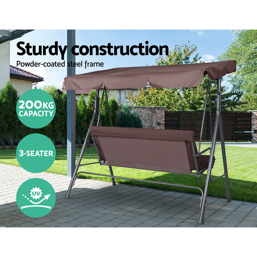Astride 3 Seater Outdoor Swing Chair Garden Canopy Bench Seat Backyard - Brown