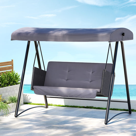 Rattan Swing Chair with Canopy Outdoor Garden Bench 3 Seater Grey