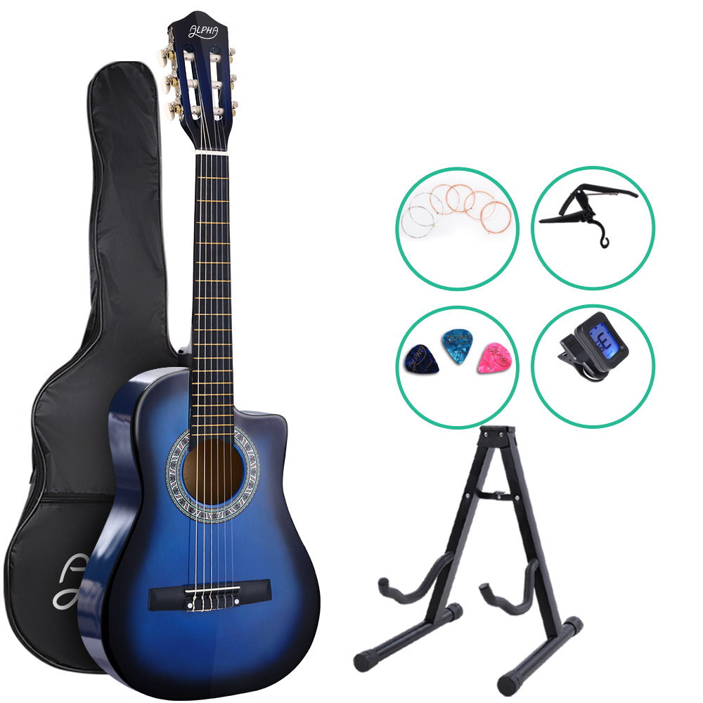 34 Inch Classical Guitar Wooden Body Nylon String with Stand Beginner Blue