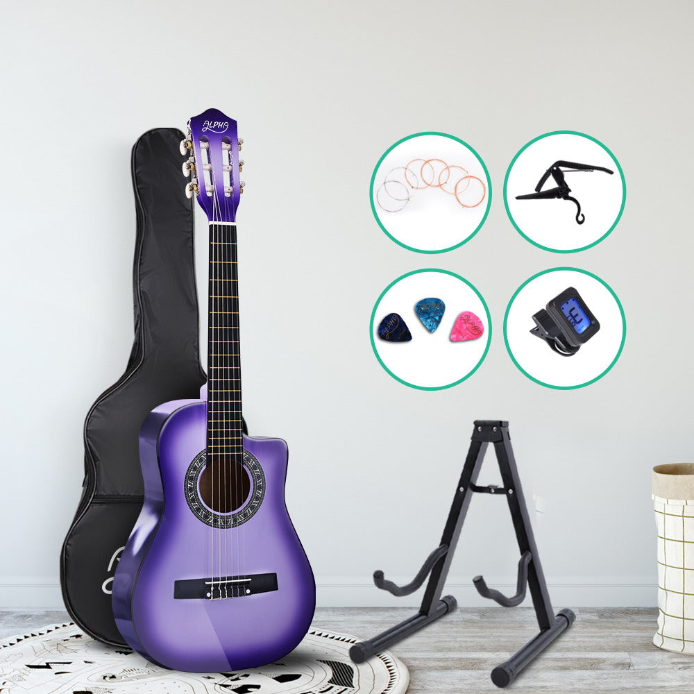 34 Inch Classical Guitar Wooden Body Nylon String with Stand Beginner Purple