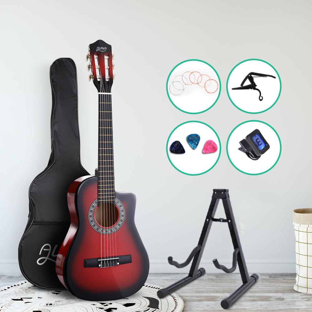 34 Inch Classical Guitar Wooden Body Nylon String with Stand Beginner Red