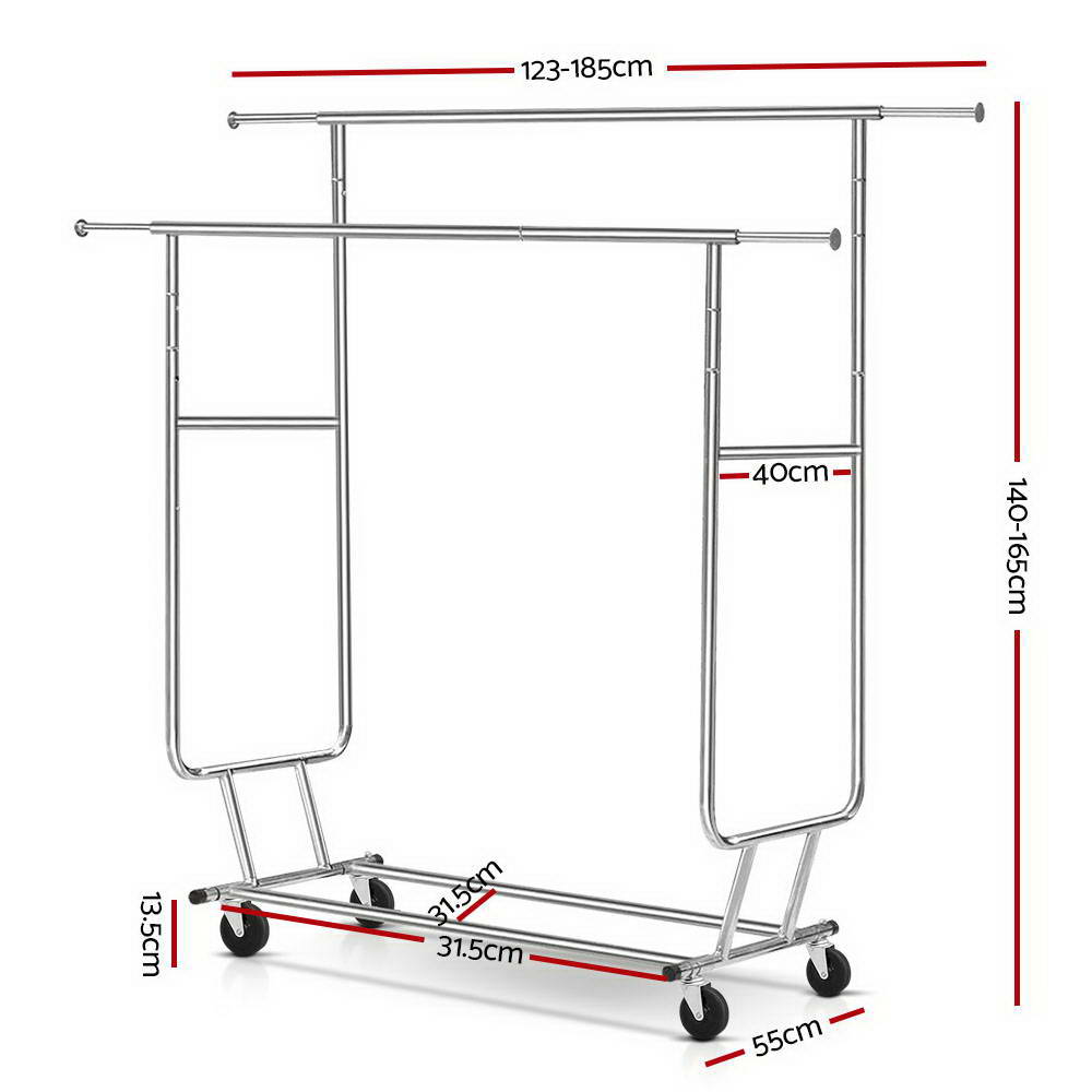 6FT Double Rail Clothes Rack Coat Stand Adjustable Garment Rolling Hanger