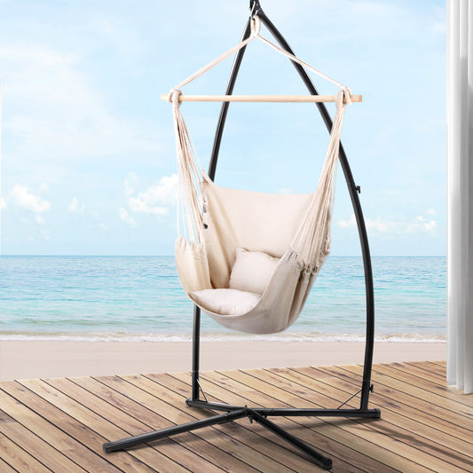 Outdoor Hammock Chair with Steel Stand Hanging Hammock with Pillow Cream