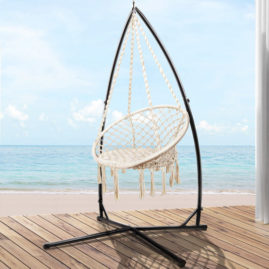 Outdoor Hammock Chair with Steel Stand Cotton Swing Hanging 124CM Cream